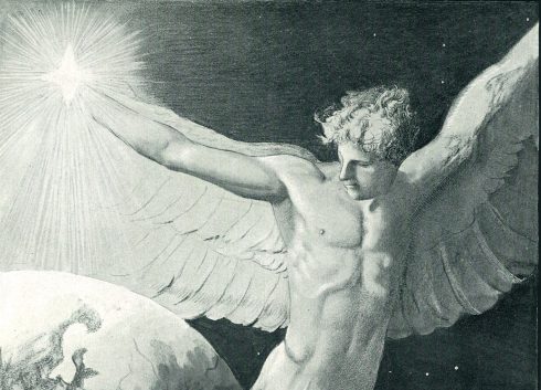 Deckelbild "Friede auf Erden" von Sascha Schneider, 1904: ein nackter Engel umkreist die Erde und hält ein Licht in der rechten Hand