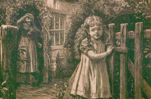 Illustration zu Karl Mays erstem Lieferungsroman: "Waldröschen oder die Rächerjagd rund um die Erde", ein Mädchen geht aus einem Gartentor, während eine Frau ihr zuwinkt