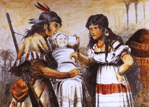 Winnetou und Ribanna, erste Winnetou-Darstellung aus dem Jahr 1879: ein indianisches Paar hält ein Baby auf dem Arm
